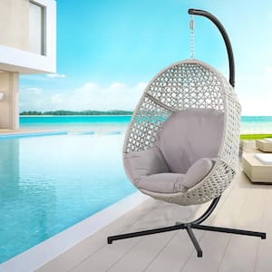 40.2 in. Black Metal Patio Swing Egg Chair with Beige Cushion