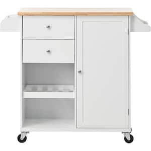 Rubber Wood Top 4-Wheels Kitchen Cart with Spice Rack Towel Rack and Drawers, White