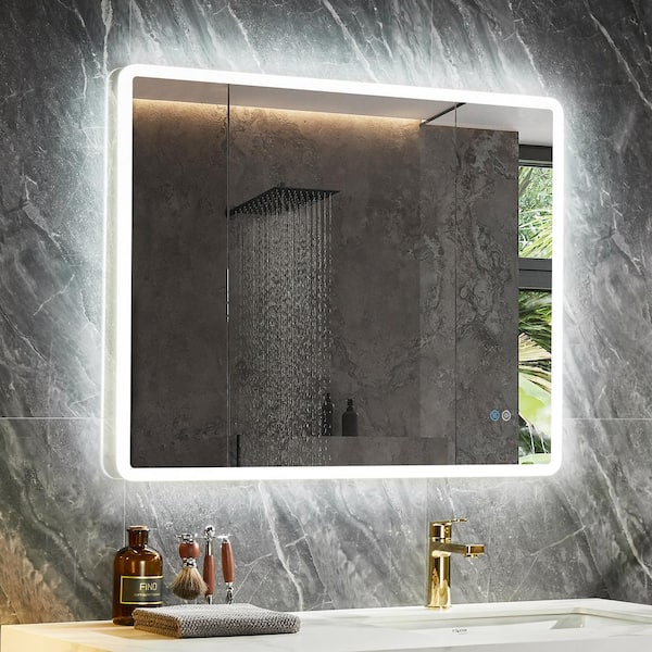 HOROW 36 in. W x 28 in. H Large Rectangular Frameless 3-Colors Dimmable LED Anti-Fog Memory Wall Mount Bathroom Vanity Mirror