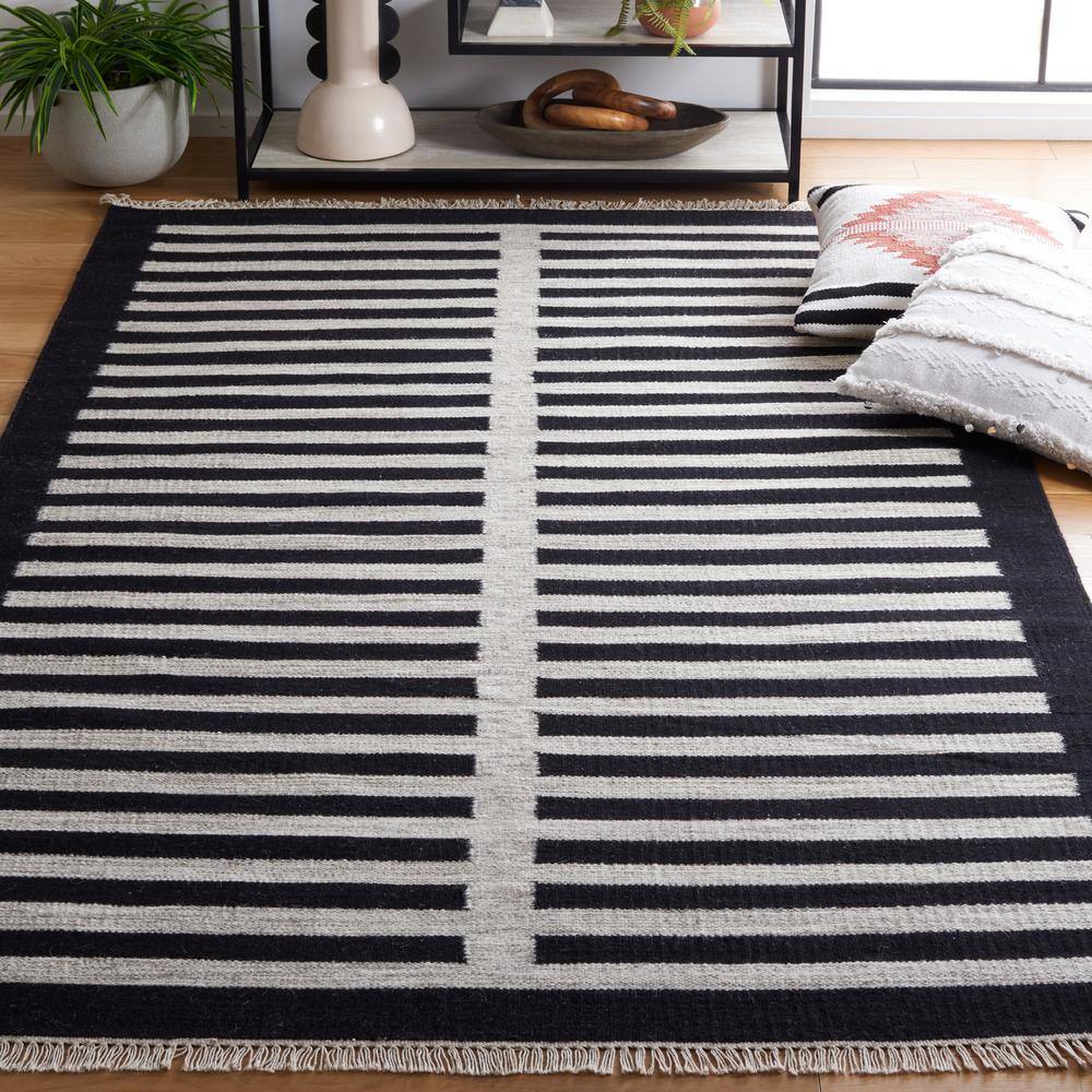 Black and Beige Striped Wool Flat Woven Area Rug