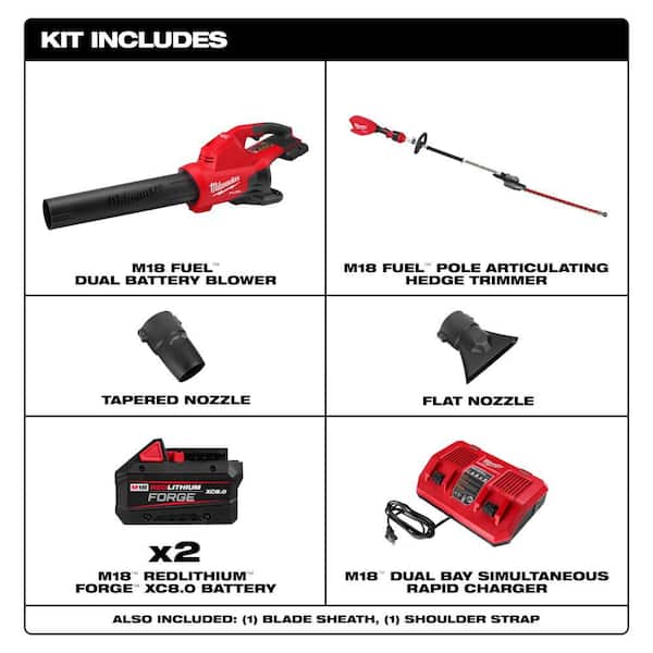 M18 FUEL 18V Pole Articulating Hedge Trimmer with Dual Battery Blower, (2) 8.0 Ah FORGE Battery, Charger