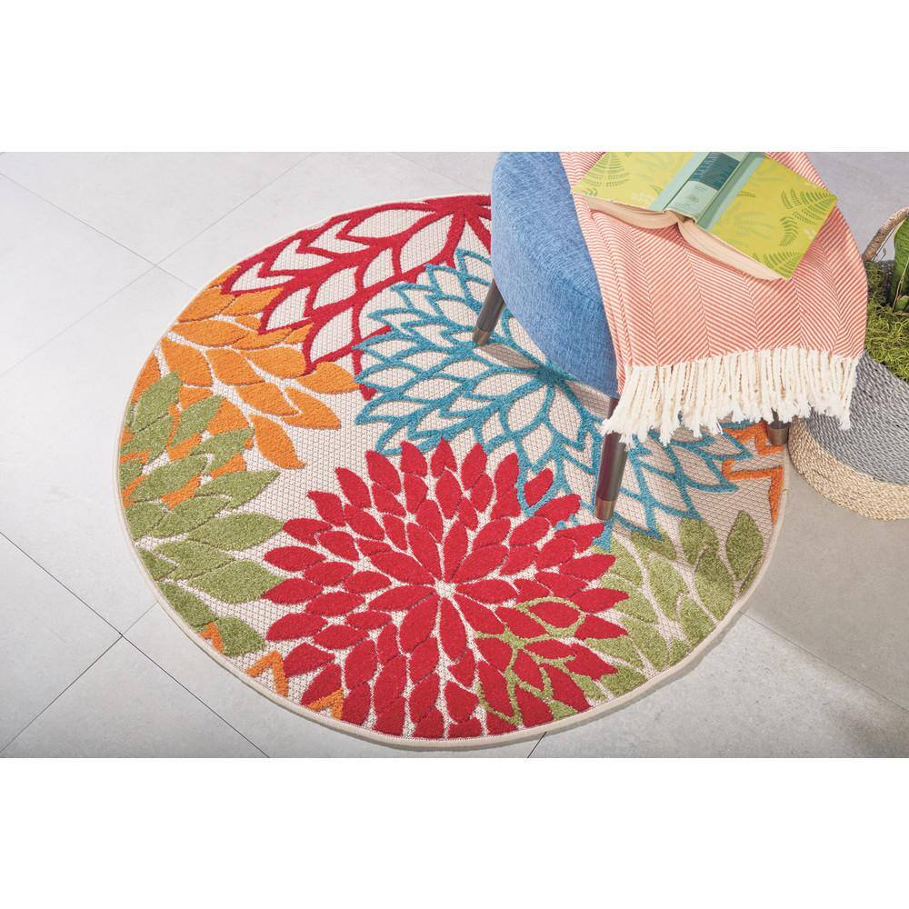 Green Floral Round Synthetic Flat Woven Area Rug