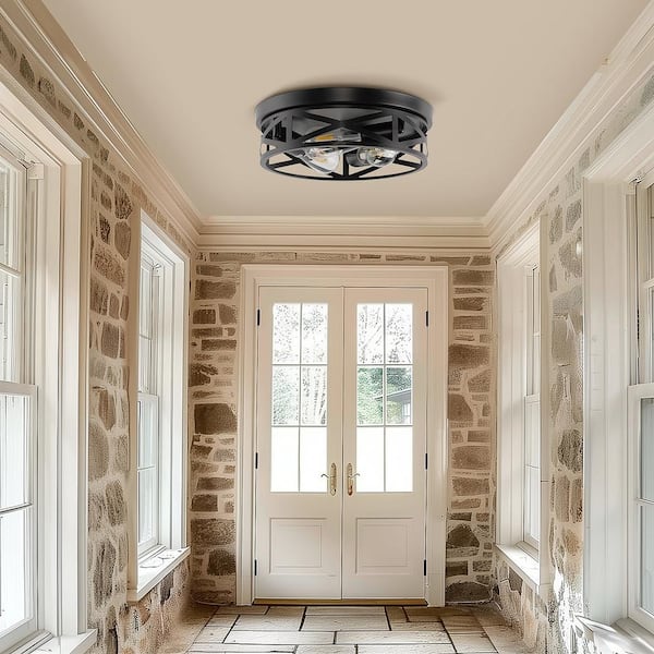 13 in. 3-Light Black Metal Drum Ceiling Light Fixture for Bedroom