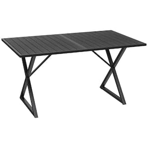 Patio Outdoor Rectangle Dining Table with Metal Frame and Plastic Faux Wood Tabletop
