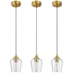 60-Watt 1-Light Brushed Gold Mini Pendant Light with Clear Glass Shade and Adjustable Height, 3-Packs