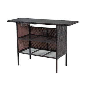 Brown PE Wicker Outdoor Dining Table Rattan Bar Table with Counter Table Shelves