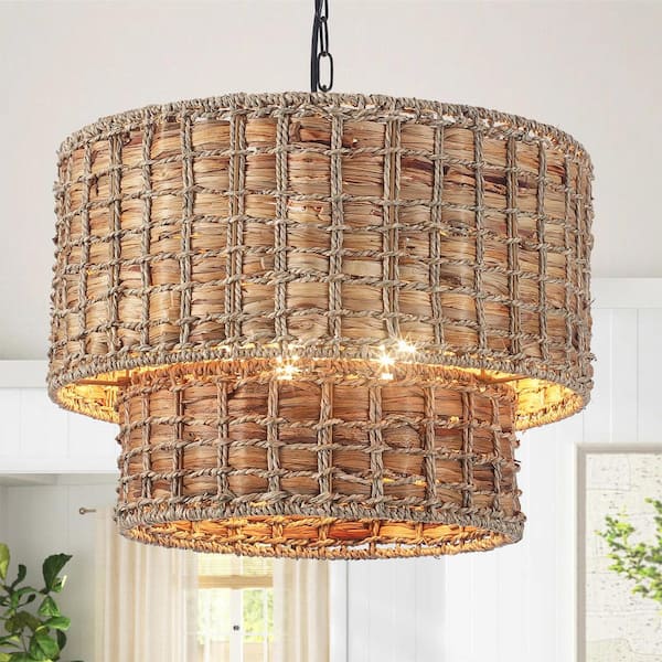 Bohemian 18.9 in. 2-Tier 5-Light Black and Brown Drum Chandelier with Hand Woven Bamboo Shade for Dining Room or Foyer