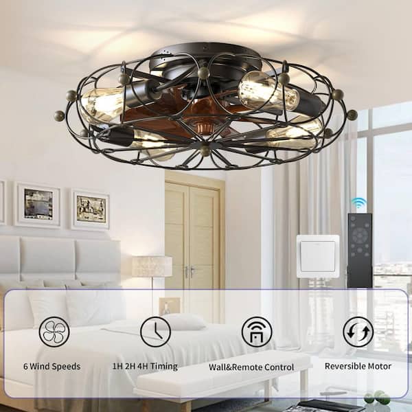20 in. 4-Light Low Profile Caged Black Indoor/Outdoor Flush Mount Ceiling Fan with Light and Remote control