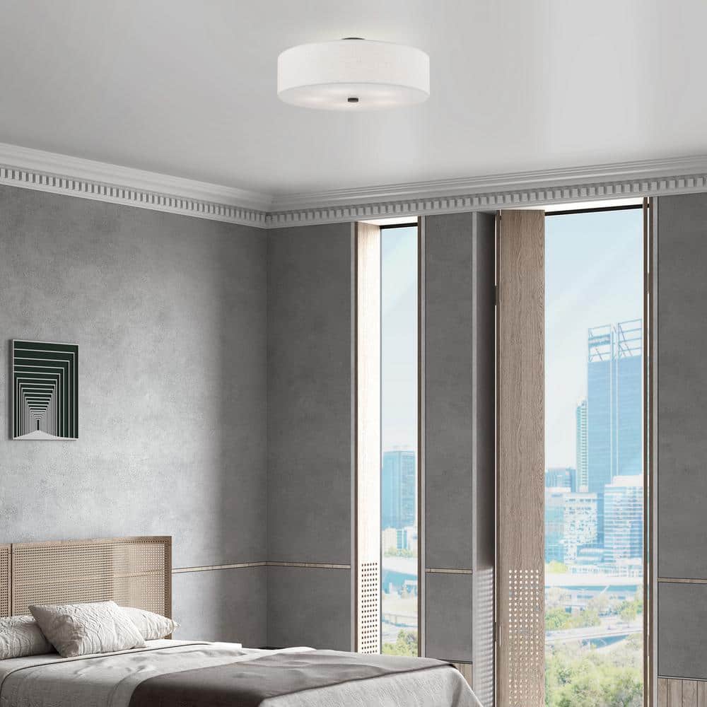 English Bronze 5-Light Semi-Flush Mount with Fabric Drum Shade