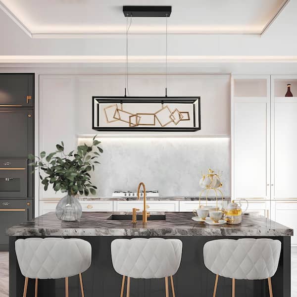 Modern 28 in. 8-Light Integrated LED Matte Black and Satin Gold Island Chandelier with Rectangle Cage for Dining Room