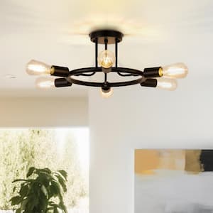 18.31 in.6-Light Black Flush Mount Ceiling Light with Wagon Wheel Design for Hallway