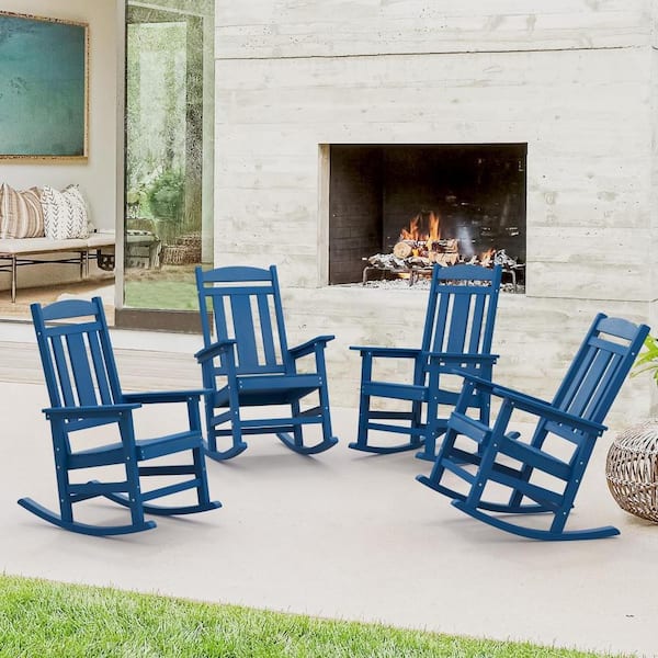 LUE BONA Hampton Navy Blue Recycled Plastic Patio Adirondack Outdoor Rocking Chair Porch Rocker Patio Rocking Chair Set of 4