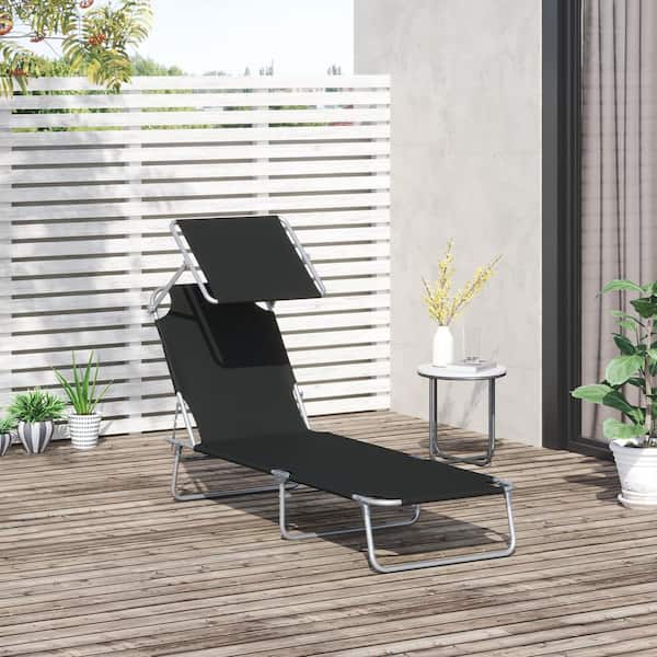 Otryad Folding Steel Outdoor Lounge Chair with Adjustable Backrest and Awning in Black for Beach, Camping, Backyard