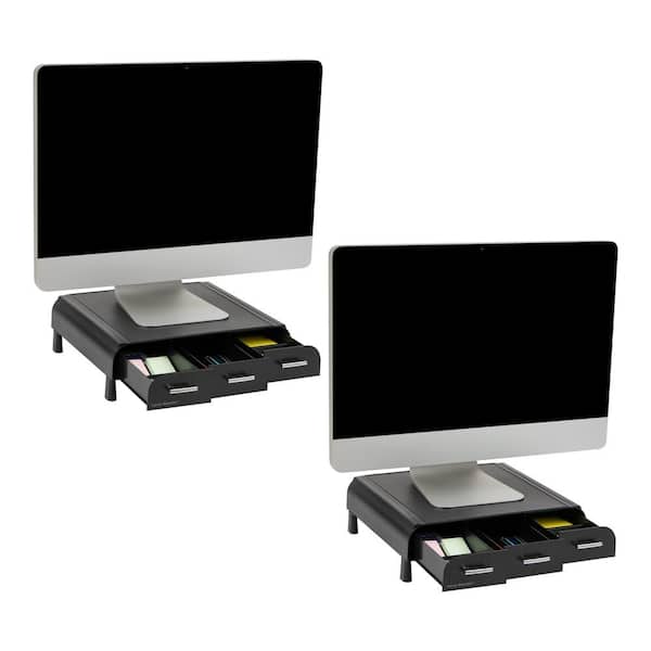 13.5 in. L x 13 in. W x 4 in. H Monitor Stand Desktop Riser Organizer with 3 Storage Drawers, Black (2-Pack)