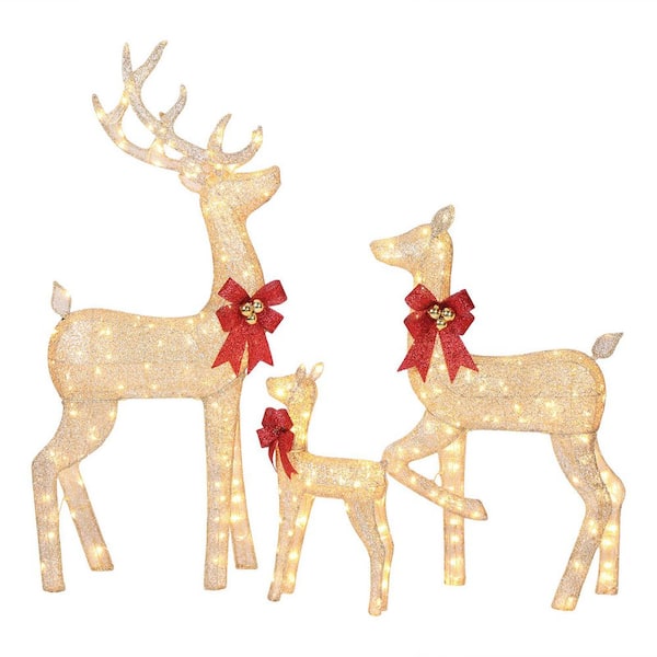 60 in. Set Of 3 Weather Proof Sparkling Gold Deer Family Christmas Yard Decor