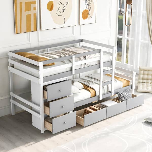 Harper & Bright Designs Gray Twin over Twin Wood Bunk Bed with 6- Drawer, Built-in Ladder and Full-Length Guardrails for Upper Bed