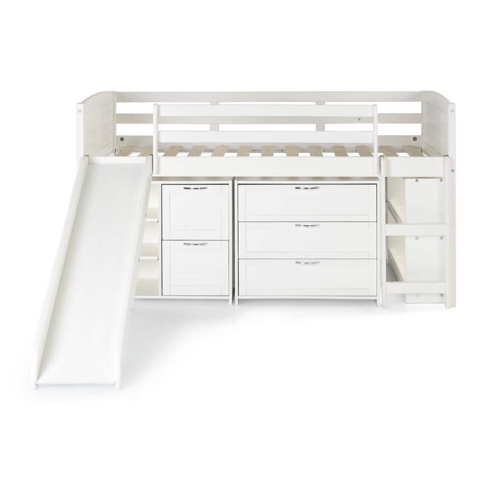 Donco Kids White Twin Louver Low Loft Bed with Slide, 3Drawers, 2