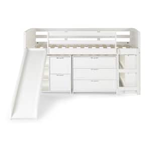 White Twin Louver Low Loft Bed with Slide, 3-Drawers, 2-Drawer Chest and Bookshelves