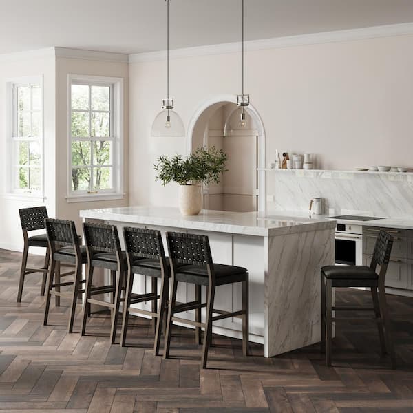 Cohen 29 in. Mid-Century Modern Brushed Black Solid Wood Bar Stool with Faux Leather Cushioned Seat and Back (Set of 6)