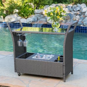 Outdoor Grill Cart Table with Storage Grill Cabinet Kitchen Island BBQ Cart with Wheels, Hooks and Side Shelf in Gray