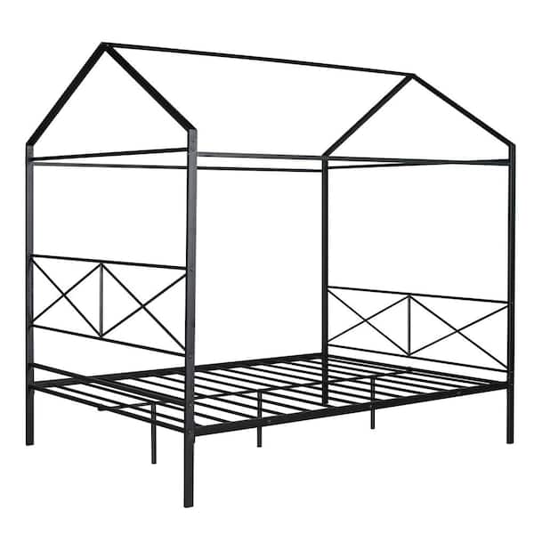 MOJAY Black Metal Frame Queen Size House Shape Platform Bed