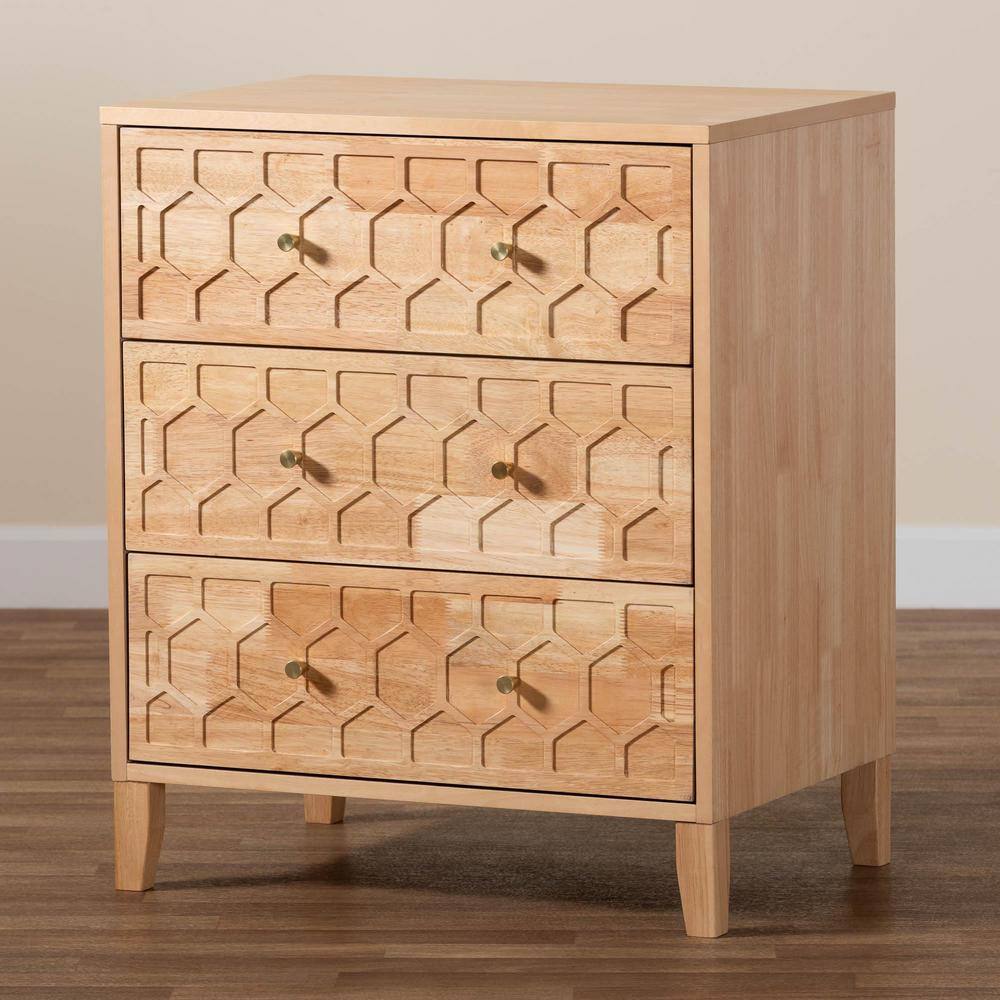 Natural Wood Honeycomb Carved 3-Drawer Chest