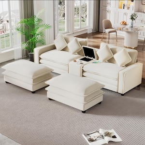 112.6" Chenille Modern Sectional Sofa in Beige with 2 Removable Ottoman, USB Ports, Cup Holders and Storage Box