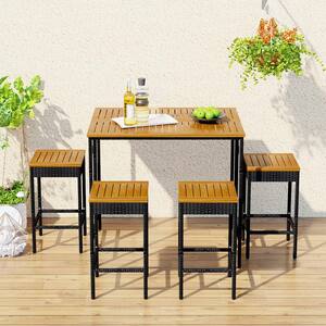 Black 5-Piece Patio Wicker Rectangular Bar Height Dining Table, Stool Outdoor Dining Set w/ Folding Acacia Wood Tabletop