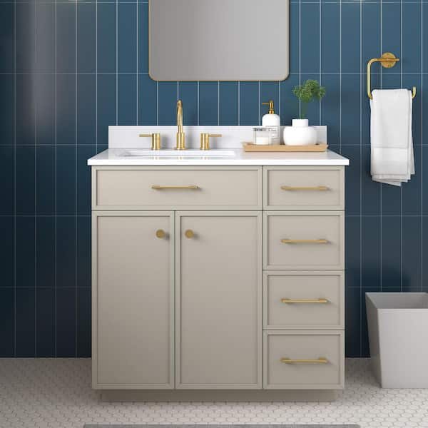 Marcote 36 in. Single Sink Greige Bath Vanity with White Volakas Engineered Marble Top (Assembled)