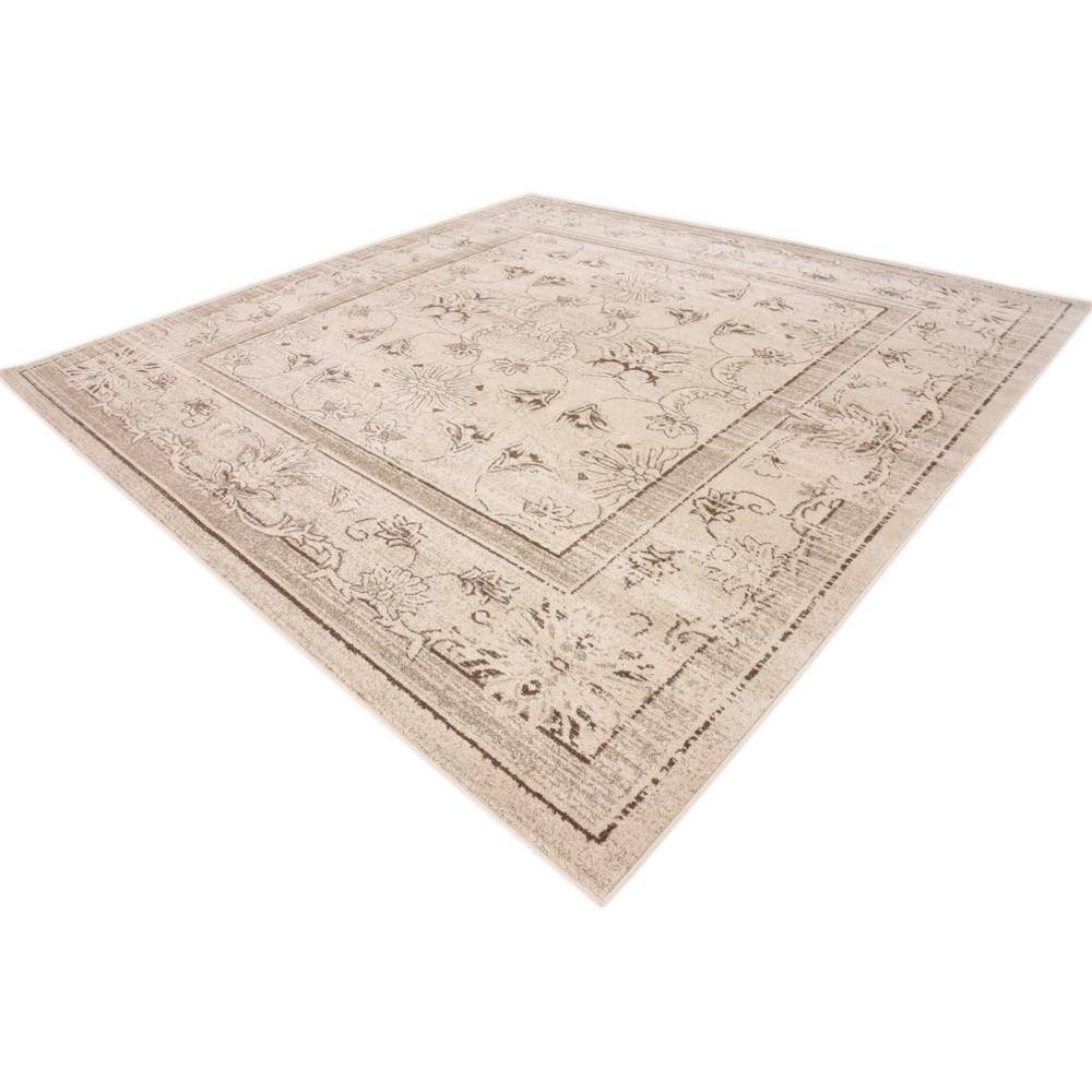 Ivory and Brown Floral Synthetic Square Rug, 10' x 10'