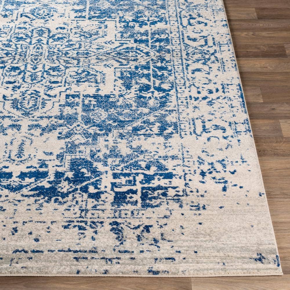 Demeter Blue and Off-White Oval Stain-Resistant Synthetic Rug
