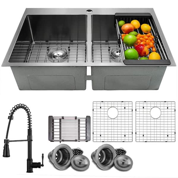 All-in-One Gunmetal Matte Black Finish Stainless Steel 33 in. Double Bowl Drop-In Kitchen Sink with Kitchen Faucet