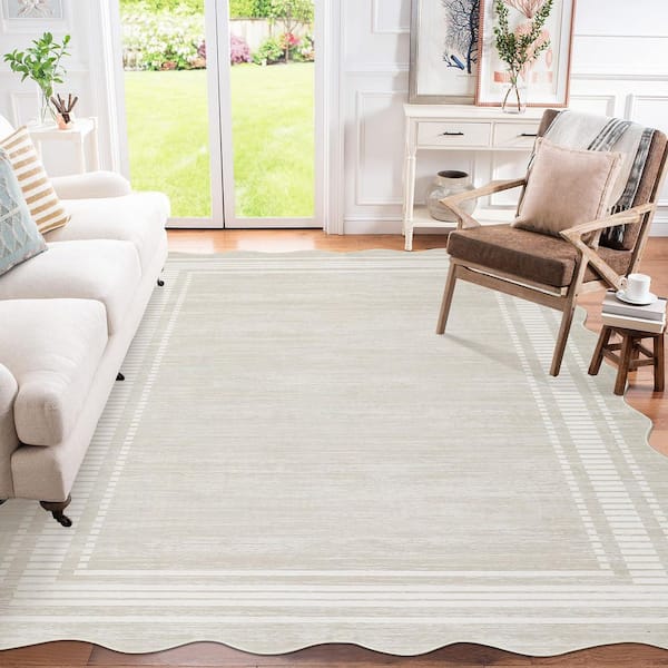 5 X 7 ft. Beige White Scallop Area Rug, Washable Rug, Non-Slip Low-Pile Solid Rug, for Bedroom, Living Room, Home Office