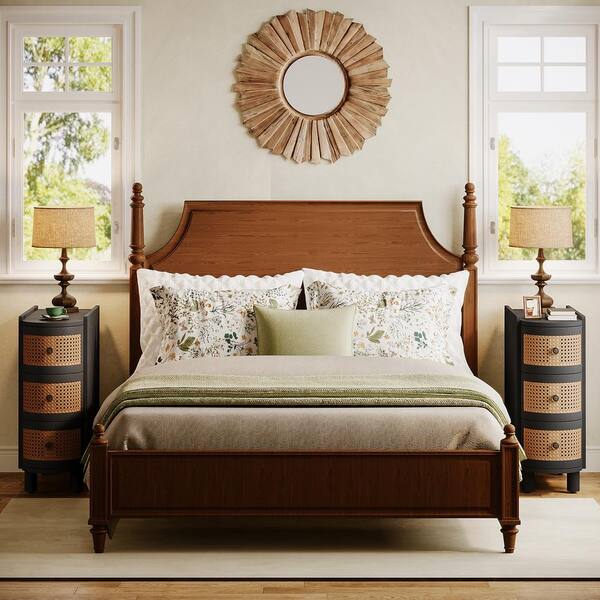 BYBLIGHT Kerlin 10.62 in. Black and Oak U-Shaped Solid Wood End