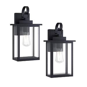 Hawaii 15 in. H 1-Bulb Black Hardwired Outdoor Wall Lantern Sconce with Dusk to Dawn With LED Bulb (2-Pack)