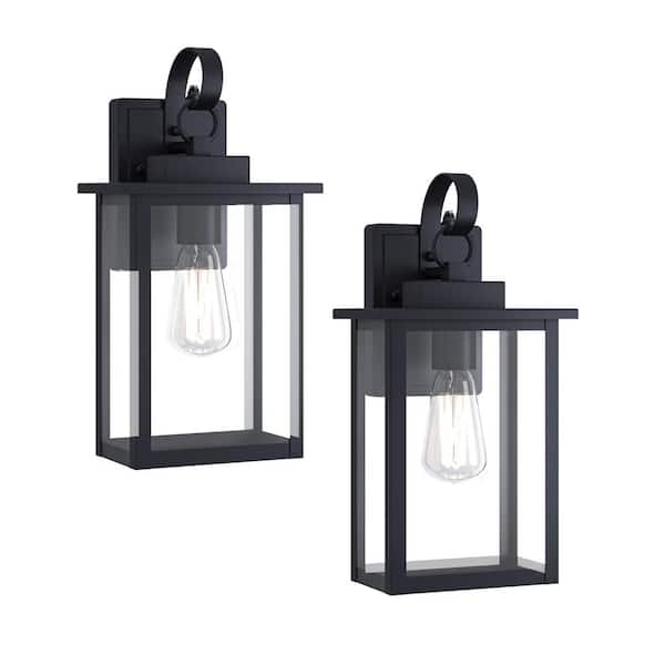 Hawaii 15 in. H 1-Bulb Black Hardwired Outdoor Wall Lantern Sconce with Dusk to Dawn with LED Bulb (2-Pack)