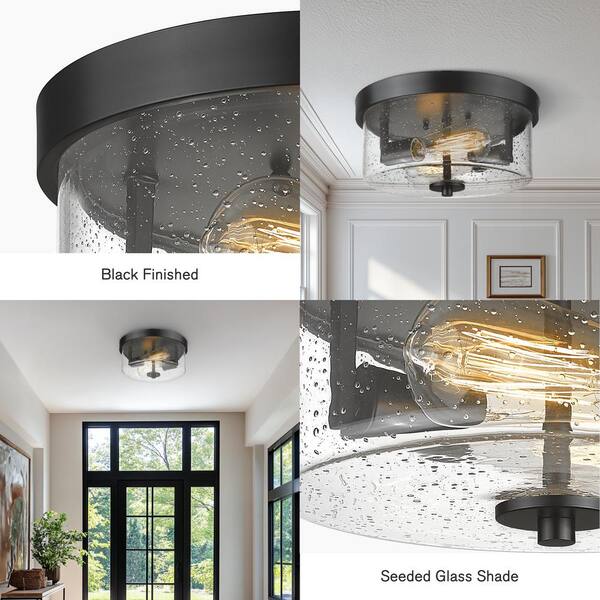 JAZAVA 11 in. 2-Light Black Flush Mount Ceiling Light Fixture with