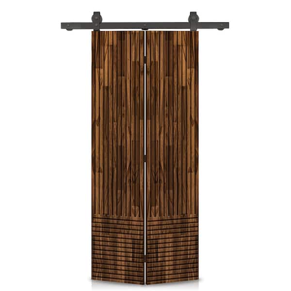 CALHOME Japanese 32 in. x 80 in. Hollow Core Walnut-Stained Pine Wood Bi-Fold Barn Door with Sliding Hardware Kit