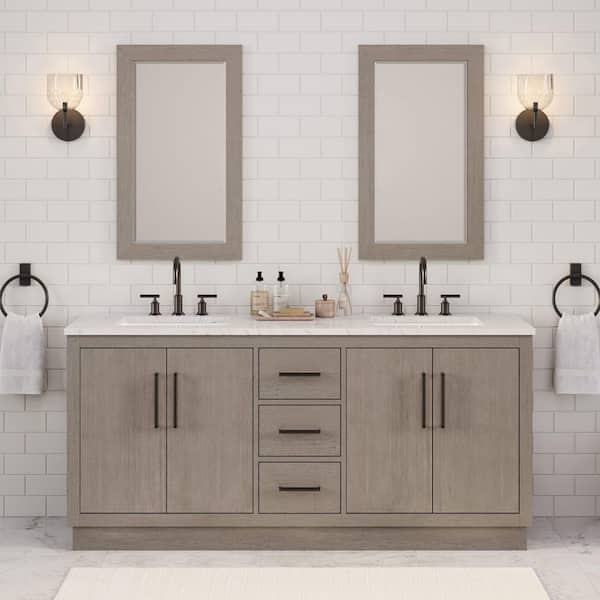 Hugo 72 in. W x 22 in. D x 34 in. H Double Sink Vanity in Grey Oak with White Marble Top and Mirror with White Basin