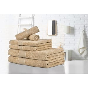 6-Piece Beige Carded 100% Cotton Towel Set : 2 bath :2 hand :2 Washcloth