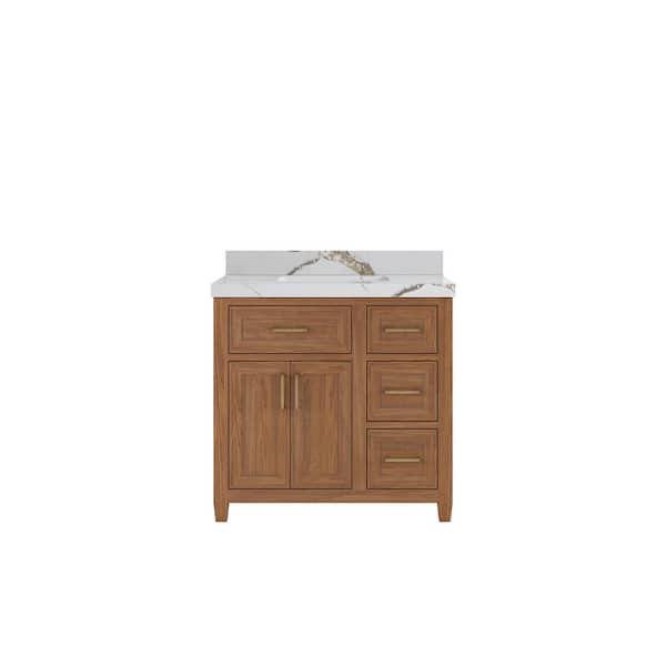 Willow Collections Santa Monica 36 in. W x 22 in. D x 36 in. H Single Sink Bath Vanity in Dark Natural with 2 in. Calacatta Gold Qt. Top
