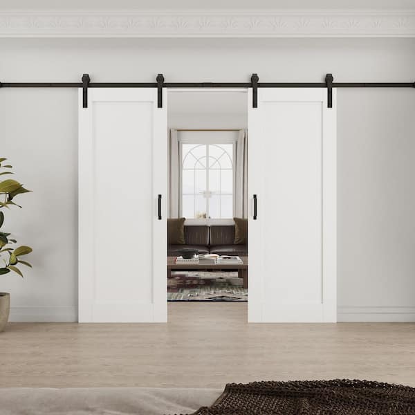 60 in. x 84 in. White Primed Paneled MDF Composite Easy Install No Assembly Required Sliding Barn Door with Hardware Kit