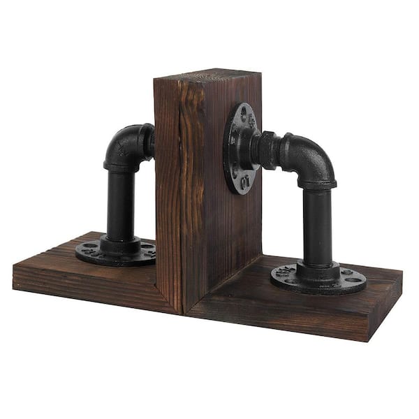 Dark Brown 5 in. x 6 in. Wood Bookend with Realistic Industrial Pipe Design, 1-Pair