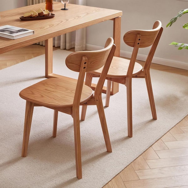 Natural Solid Oak Wood Dining Chair with Curved Backrest (Set of 2)