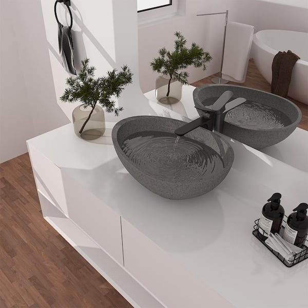 21 in. Concrete Egg-Shaped Vessel Bathroom Sink in Mottled Bluish Gray with Matching Drain