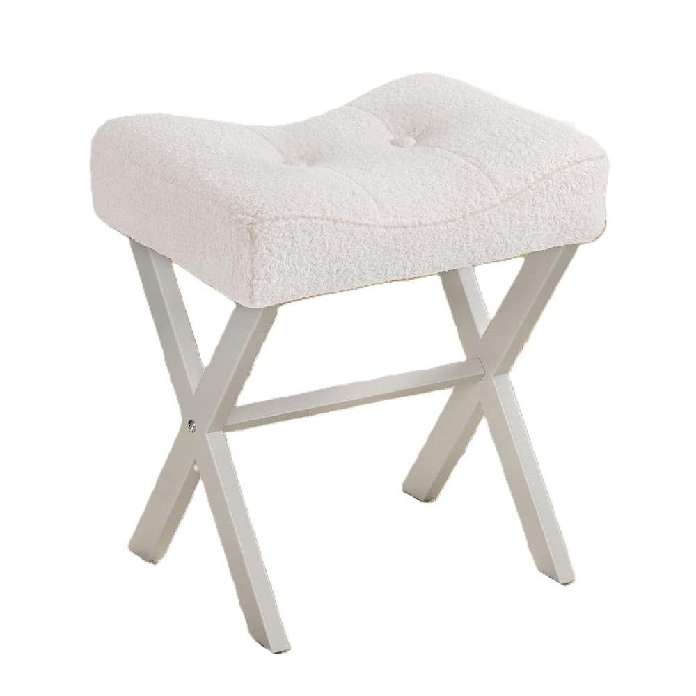 White Alloy Steel 17.7 in. Tall Makeup Vanity Stoo with Metal X-Legs, Breathable and Soft Boucle Fabric Saddle Seat