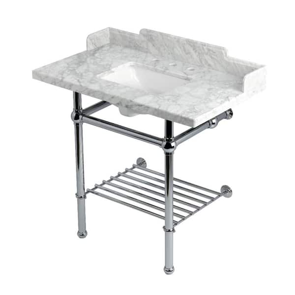 Kingston Brass Pemberton 36 in. Marble Console Sink with Brass Legs in Marble White/Polished Chrome