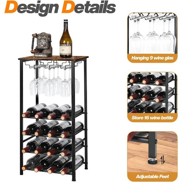 Oumilen Freestanding Wine Bar Rack Holds 16 Bottles and 9 Glasses