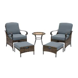 Layton Pointe 5-Piece Brown Wicker Outdoor Patio Conversation Seating Set with Sunbrella Denim Blue Cushions