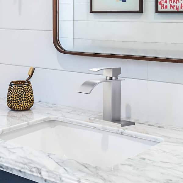 Modern Single Handle Bathroom Sink Faucet, Single Hole Basin Faucet with Deckplate and Supply Lines in Brushed Nickel